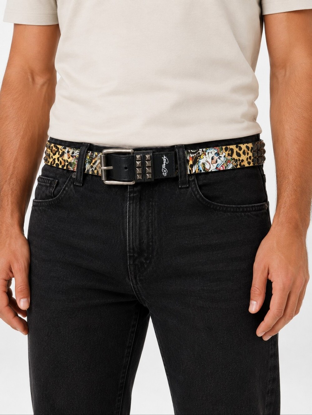 Ed Hardy Men’s Size 34 Leopard Skull Tattoo Studded Belt Y2K Punk Streetwear